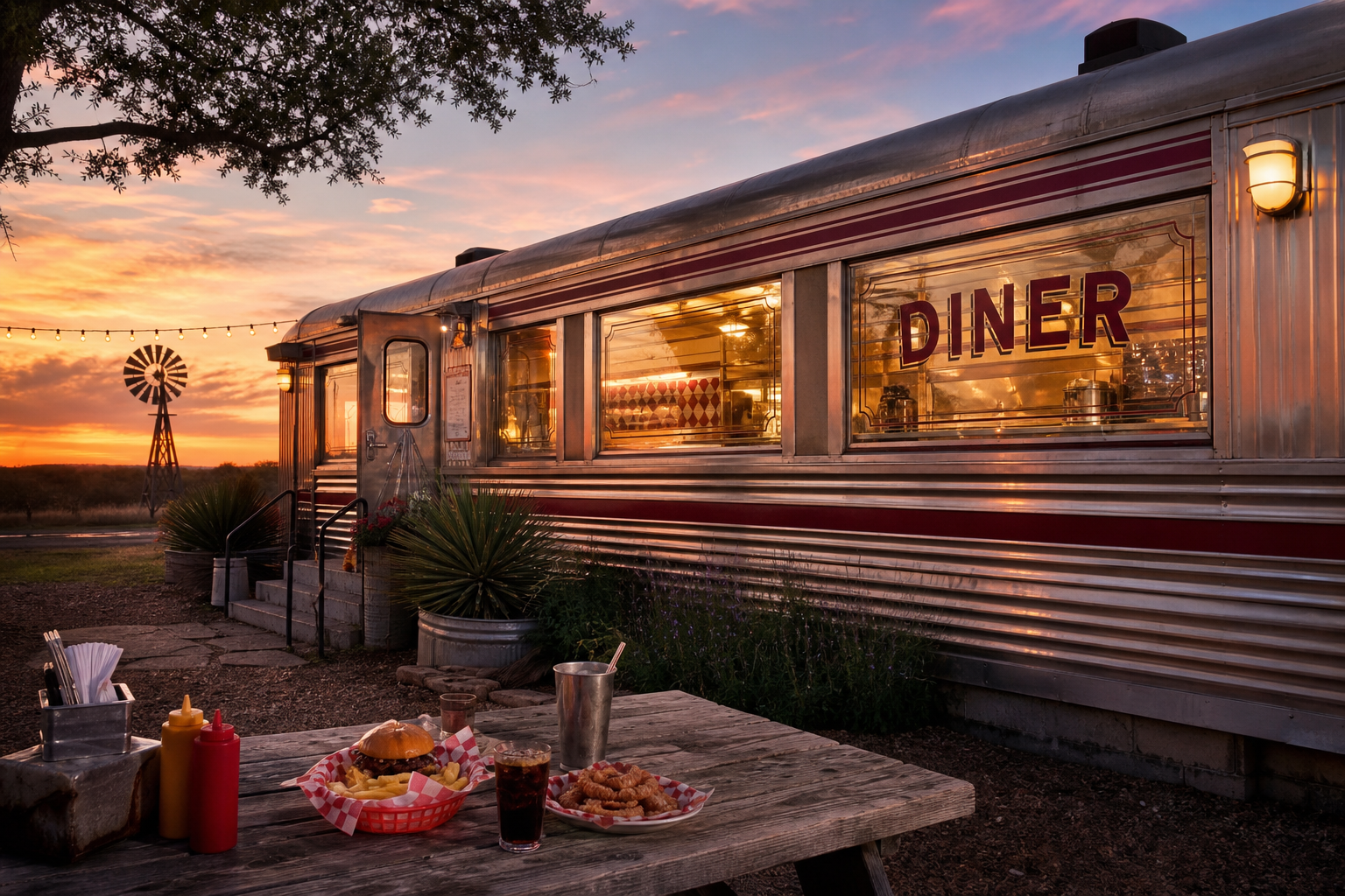 Original placeholder artwork of a restored chrome roadside diner at sunset